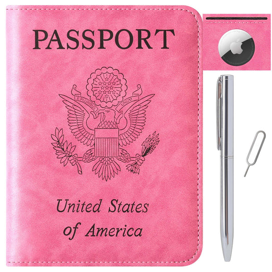 Airtag Passport Holder for Travel Essentials Wallet Rfid Blocking Cover Leather Case Vacation Travel Accessories for Women Men (601#Pink)