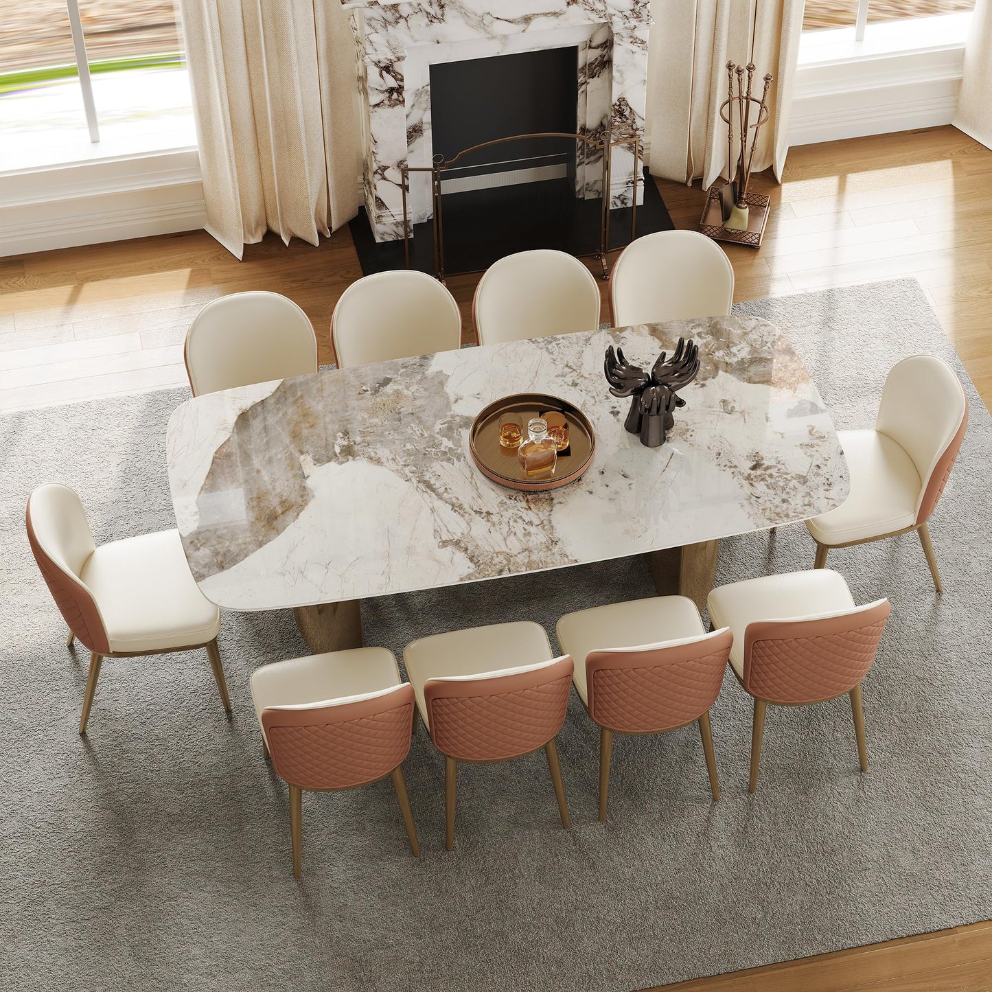 Rectangular Dining Table for 8-10 People, 79 inch Luxury Kitchen Table with Sintered Stone Tabletop and Gold Metal Base, Modern Dining Room Table for Kitchen Living Room (Table Only)