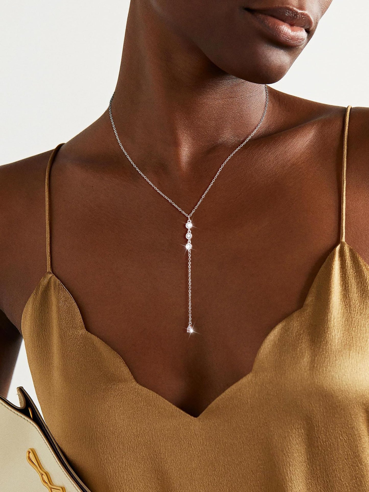 JIKASI Silver Long Necklaces for Women, Dainty Long Necklace 14k Gold Silver Plated Y-Shaped Body Chain Pendant Necklaces Trendy CZ Drop Beaded Chain Wedding Jewelry Gifts