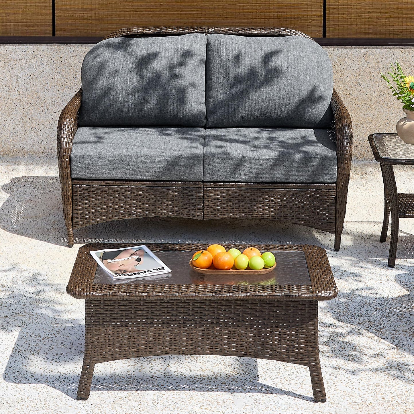 Tribesigns Outdoor Wicker Loveseat with 5.5'' Thick Cushions, 2-Seater Patio Sofa with 26.8'' Deep Seat, All-Weather Patio Wicker Loveseat for Porch, Deck, Backyard, Poolside, Gray/Brown