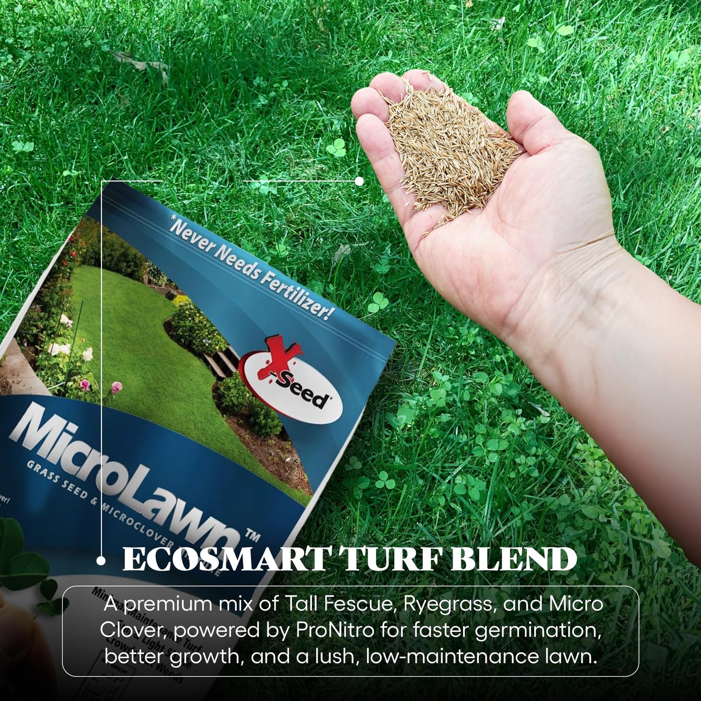 X-Seed Microlawn Grass Seed & Microclover Mix – Dense Self Feeding Lawn, Sun & Shade, Crowds Out Weeds, High Traffic, Drought-Resistant, 5 lb Bag