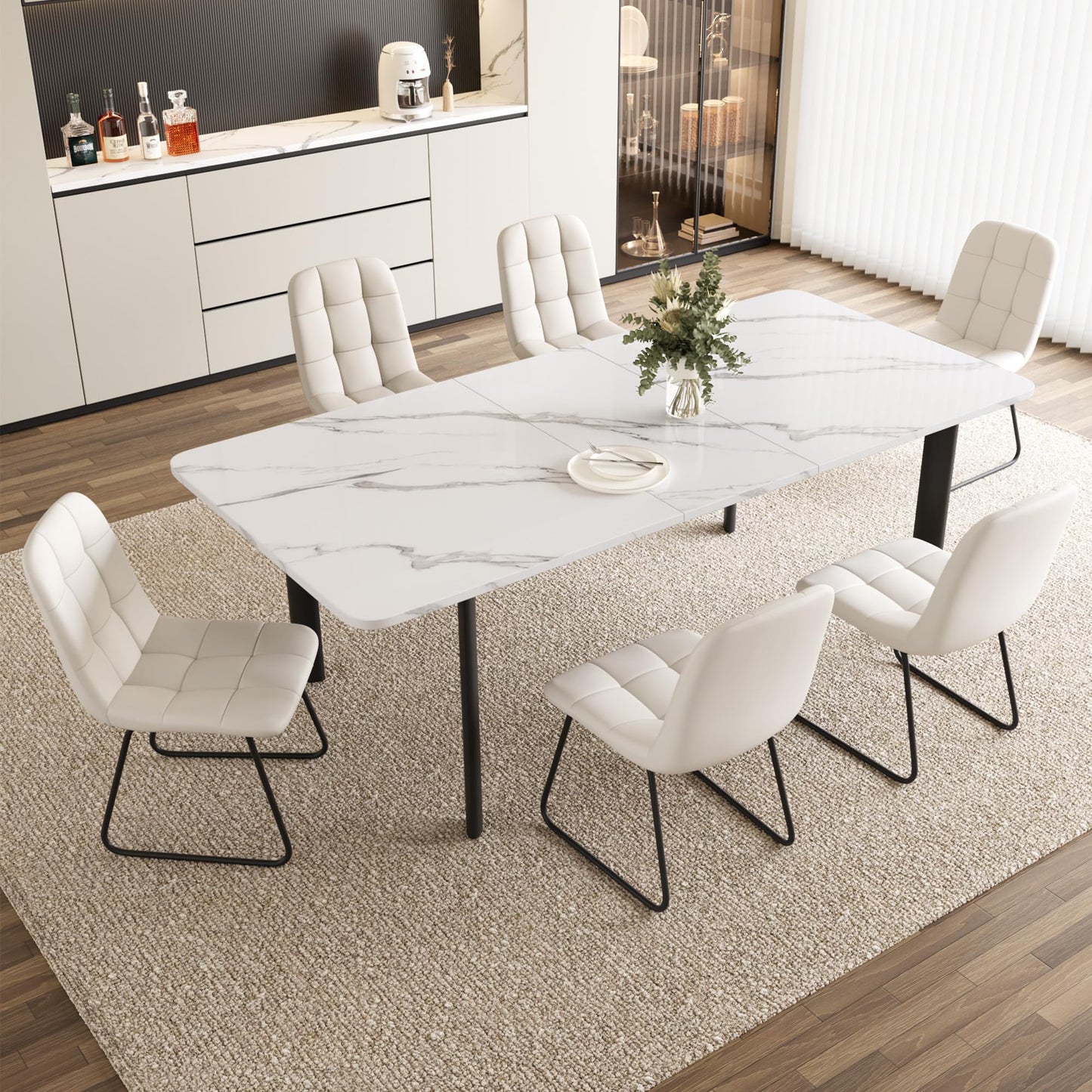 HIPIHOM Extendable Dining Table Set for 6-8 People, 63 to 78.7 Inch MDF Kitchen Table with 6 Upholstered Chairs, Space-Saving for Dining Room, Breakfast Nook(White Table & 6 U-Shaped White Chairs)