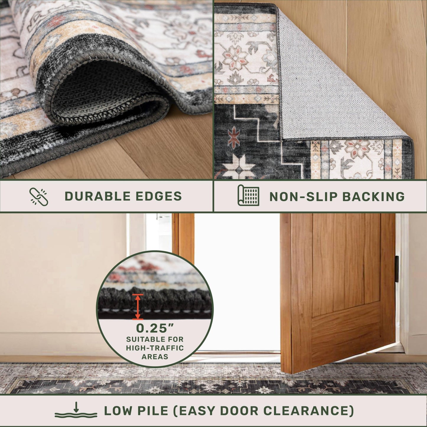 Black Boho Washable 2x6 Runner Rugs for Hallway Kitchen Bedroom Beside Laundry Room Bathroom Rug, Pet & Kids Friendly, Non Slip Low Pile Stain Resistant Soft Foldable Long 24 x 72 Floor Carpet
