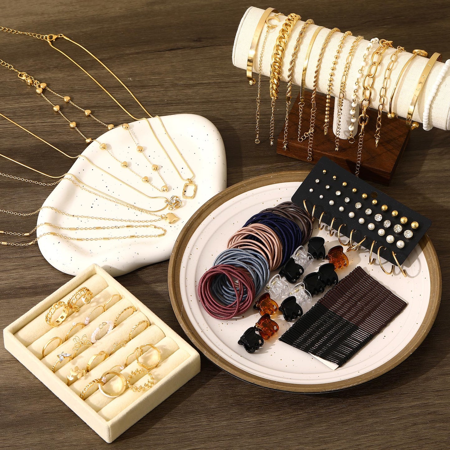 FAXHION 68 Pcs Gold Jewelry Set for Women with 7 Necklace, 17 Bracelet, 5 Hoop Earrings, 15 Stud Earrings, 24 Knuckle Rings for Women Jewelry Set for Women