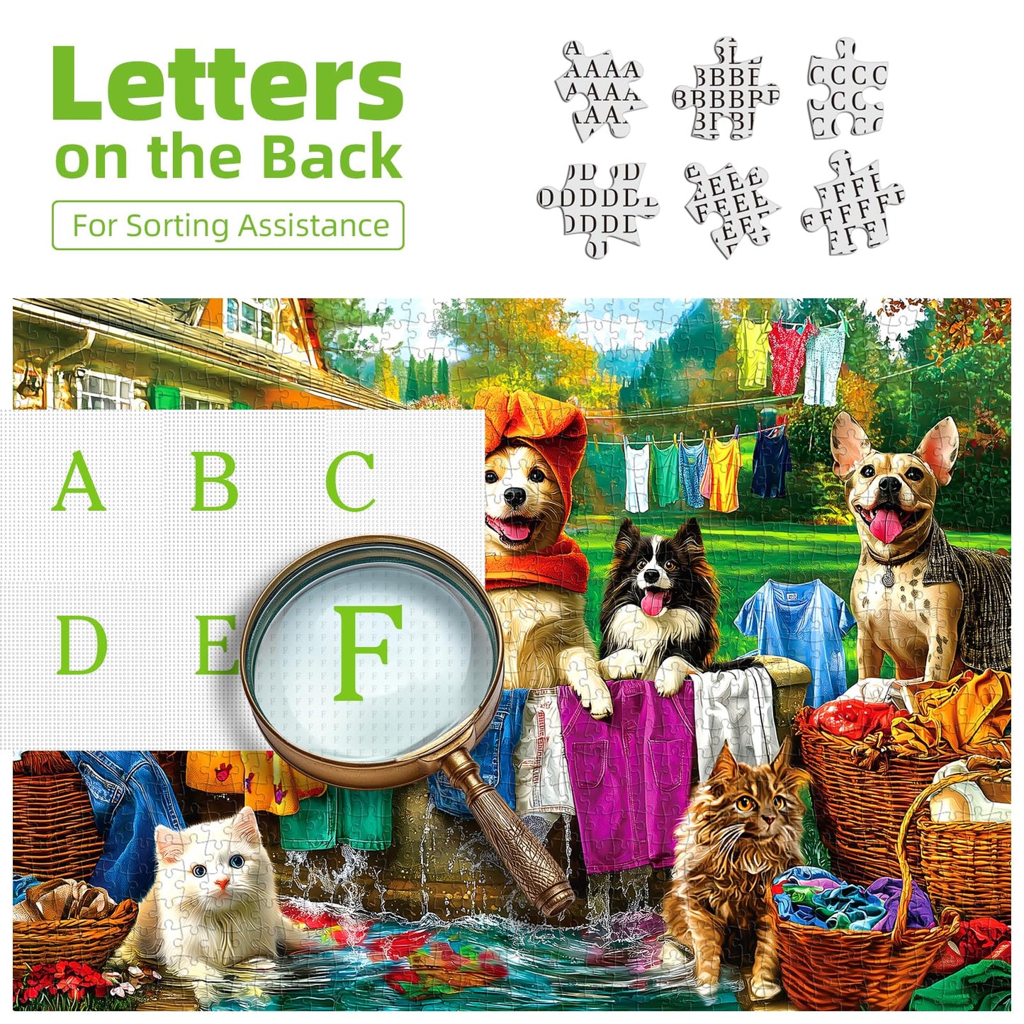 Laundry Day 1000 Piece Puzzle for Adults - Colorful Backyard Scene with Dogs & Cats Pet House Garden Jigsaw Puzzles, Unique & Fun Adult Games for Game Night Gift & Family Activities