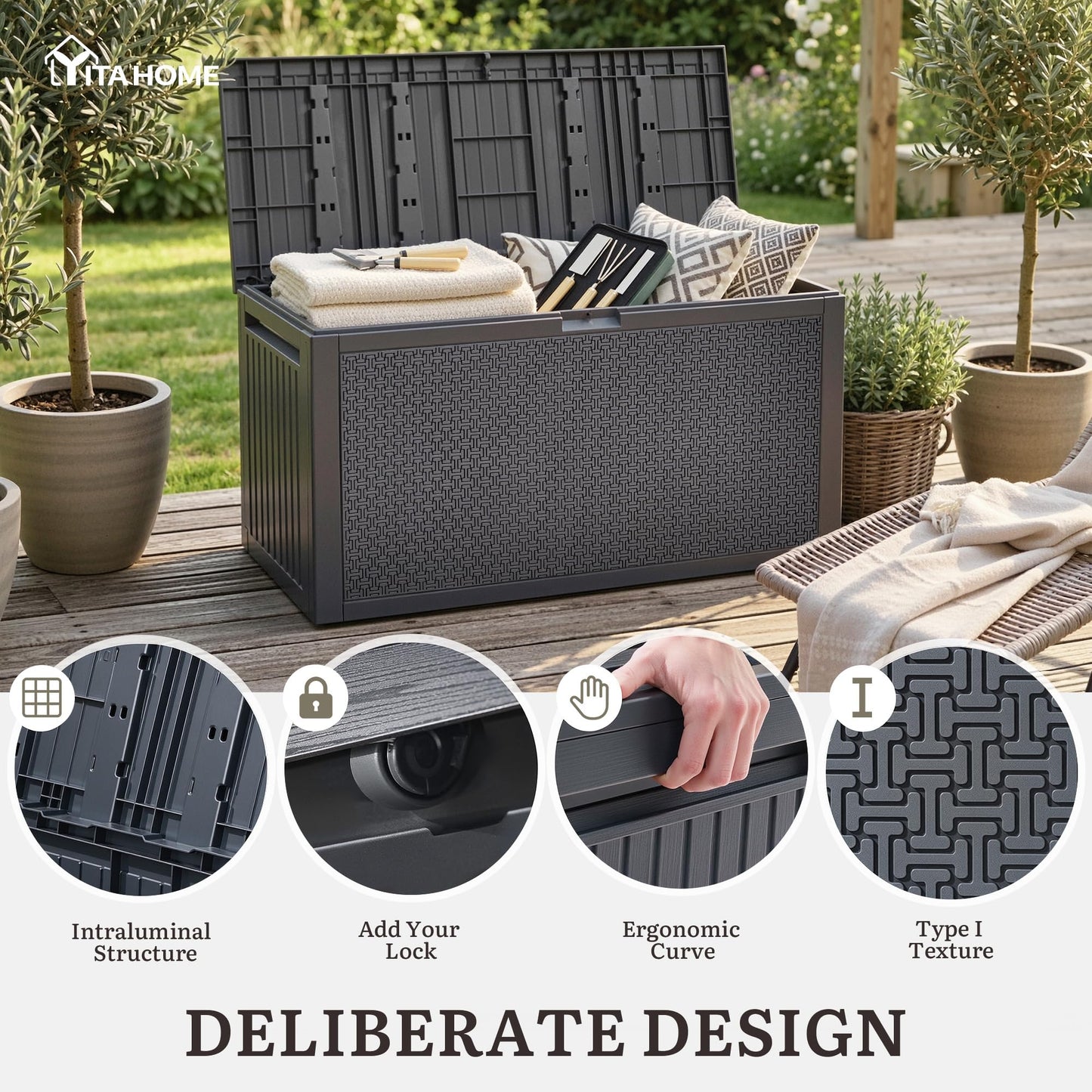 YITAHOME 90 Gallon Outdoor Storage Deck Box, Waterproof Resin Deck Box w/Handles, Lockable Outdside Deck Box for Patio Furniture, Garden Tools, Lockable & UV Resistant(Dark Gray)