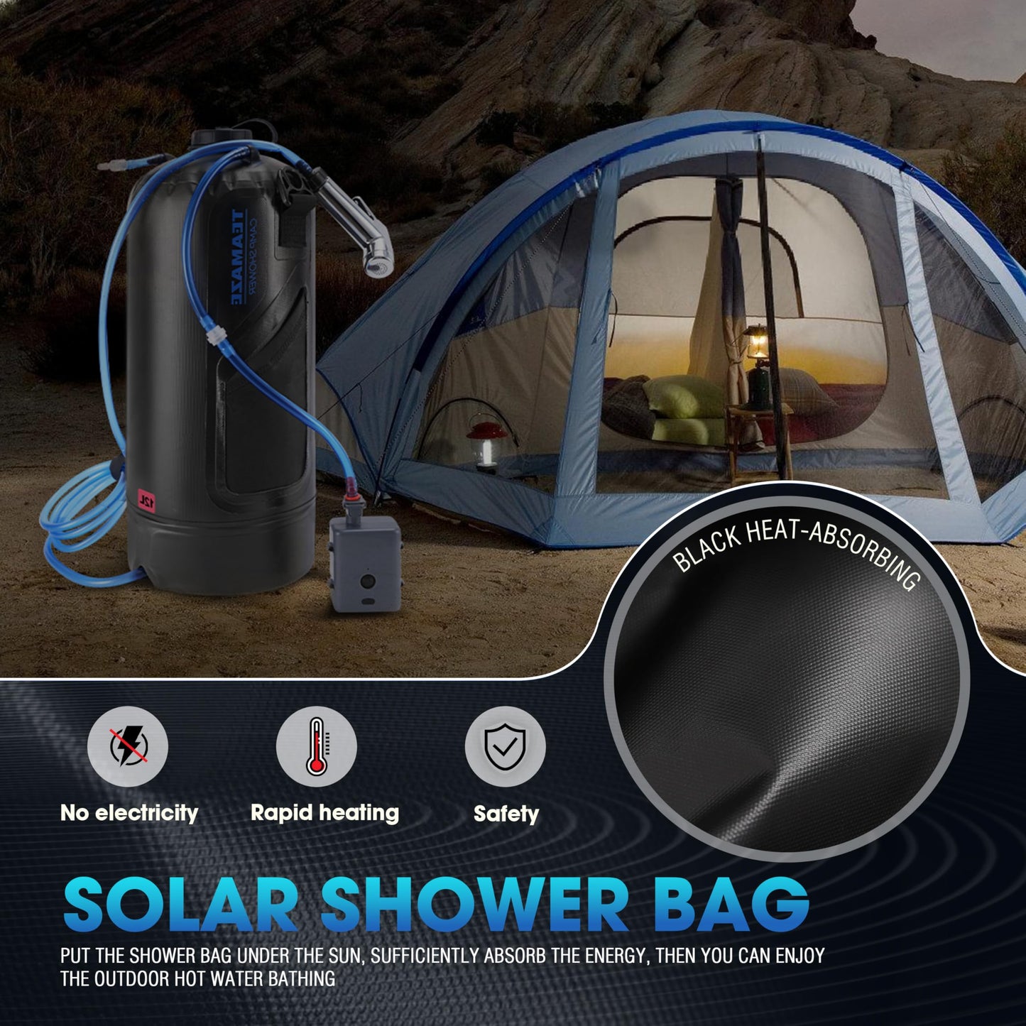 Teamaze Portable Shower,12L/3.2 Gal Solar Camping Shower Bag with Auto Pressure Pump,Portable Outdoor Shower for Camping,Beach,Hiking,RV,Pet Bath