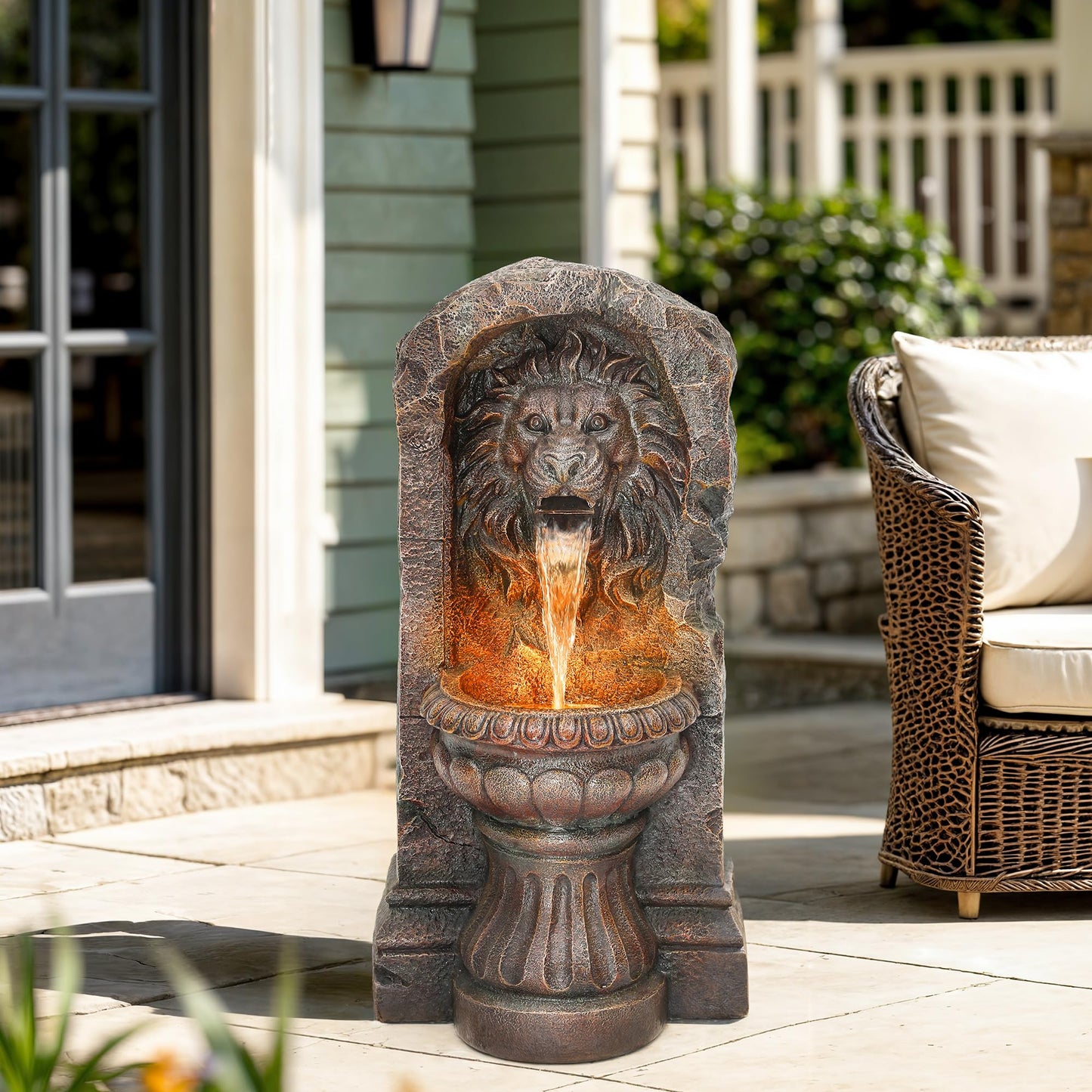 Autodaya 30" Lion Head Outdoor Water Fountain, Rustic Tiered Waterfall Fountain with LED Lights, Weatherproof Resin Freestanding Fountain for Garden, Patio, Yard & Courtyard Decor