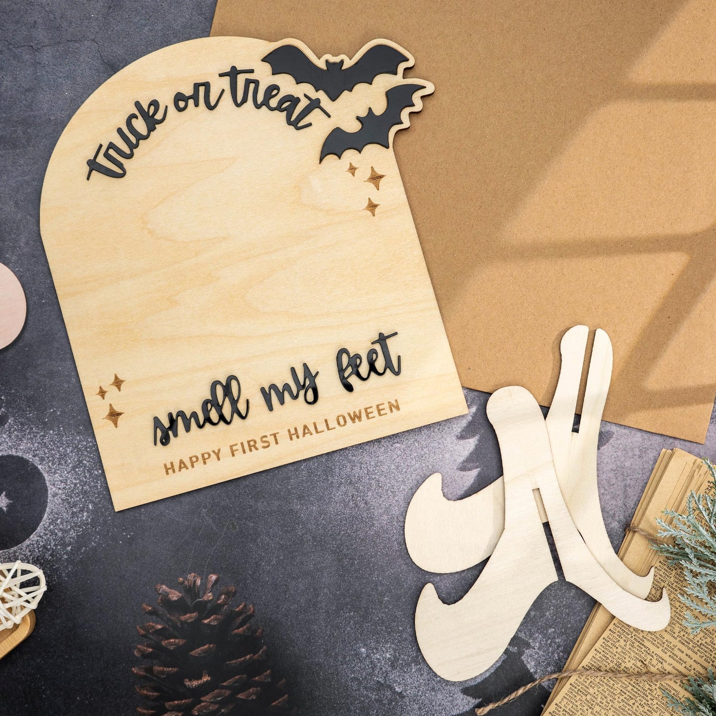 Baby’s First Halloween DIY Footprint Kit – Trick or Treat Wooden Milestone Card Keepsake Sign – Baby halloween Nursery Tabletop Décor, Newborn, halloween Kids stuff