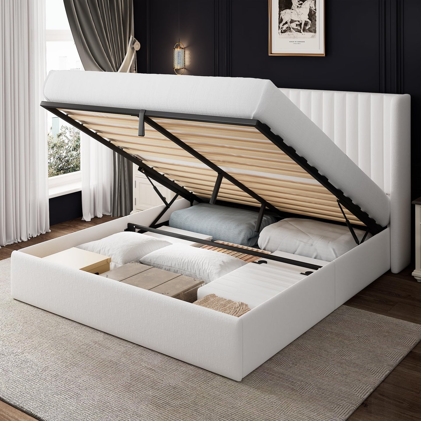 Einhomn Full Size Lift Up Storage Bed with Wingback Headboard, Upholstered Velvet Bed Frame with Heavy Duty Wooden Slat Support, Hydraulic Storage, Noise Free, Easy Assembly, White
