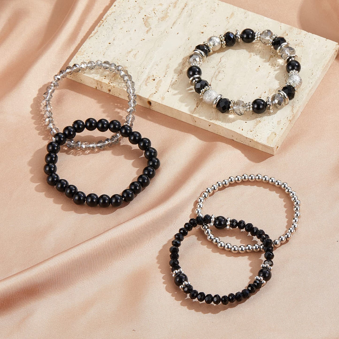 Noessla Beaded Pearl Stretch Bracelet Silver Stackable Crystal Beads Bracelets Trendy Costume Jewelry Mothers Day Gifts for Women(Black)