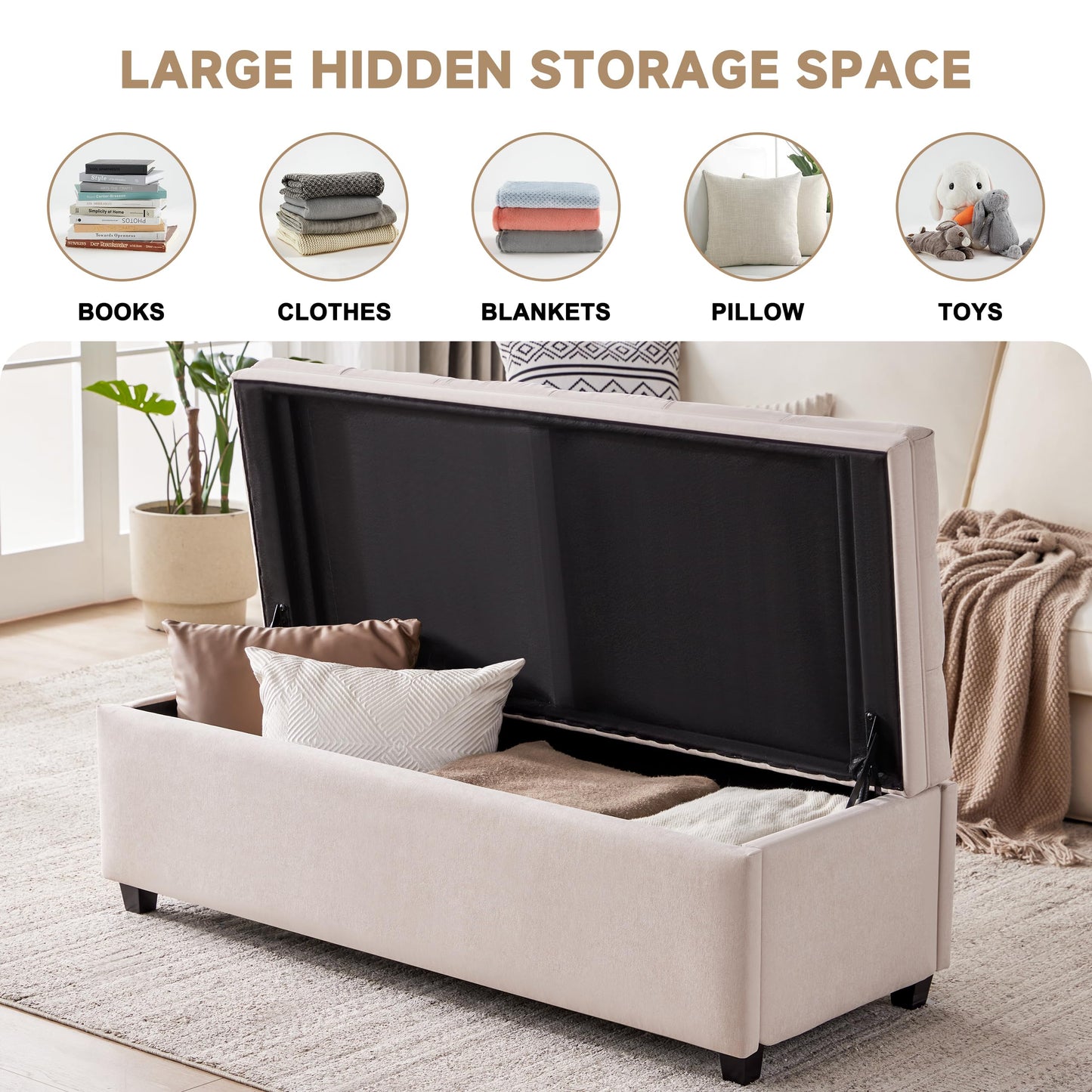 Mangodan 50" Storage Ottoman Bench, Tufted Ottoman with Storage for Living Room, Large End of Bed Ottomans, Modern Entryway Benchs, Window & Bedroom Benches for Foot of Bed (Beige)