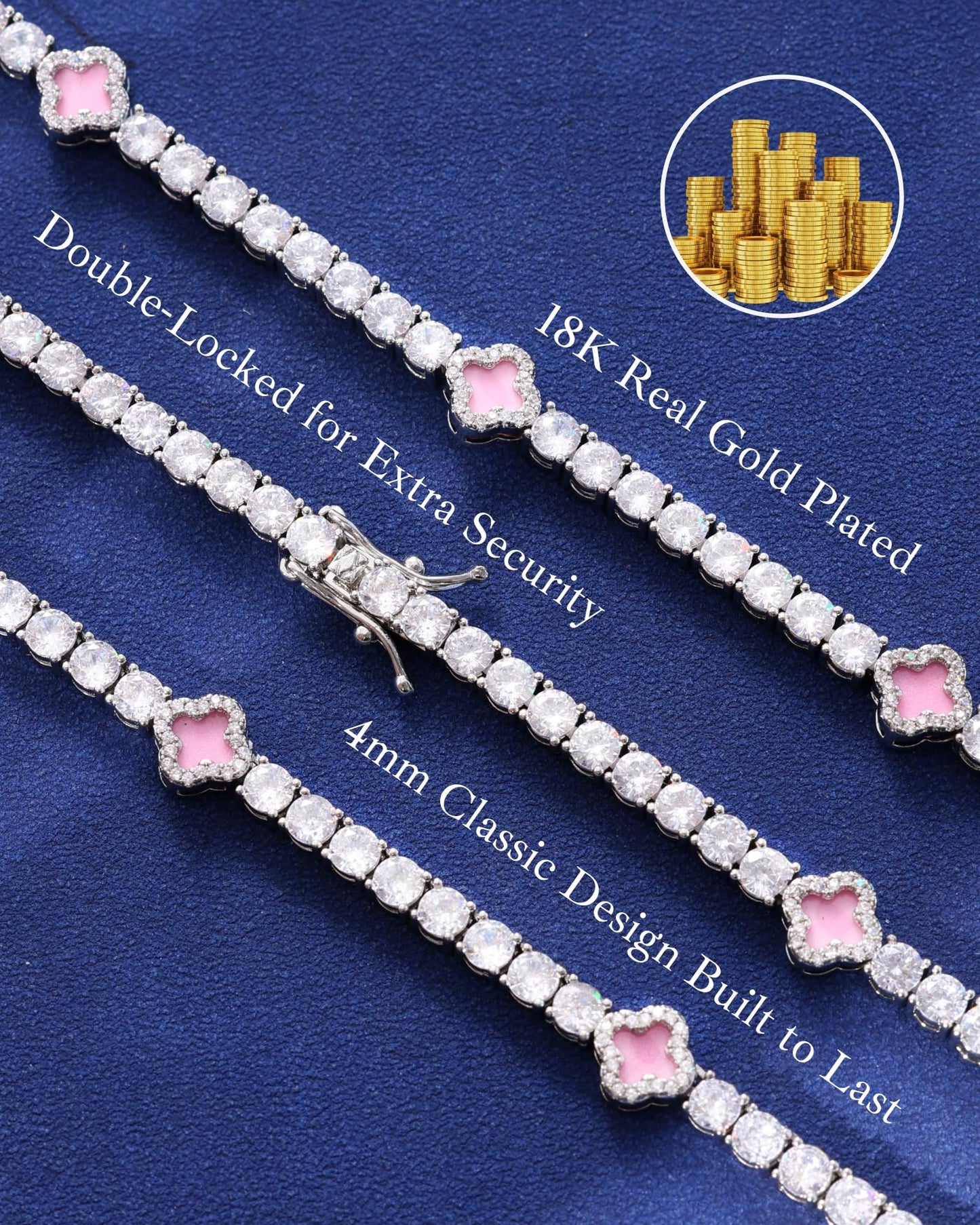 LuxeFlex 4mm Iced Out Clover Tennis Bracelet, White Gold Plated with 5A Zircon Stones, Handmade exquisite Hip Hop Jewelry, Perfect Unisex Gift (White Gold-Pink,7)