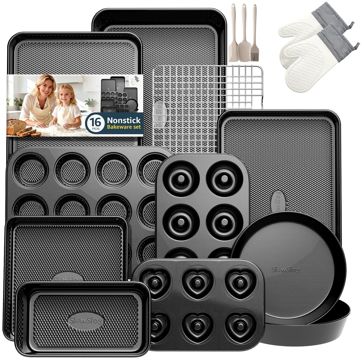 16-Piece Nonstick Bakeware Set with Oven Mitts, Donut Pan, and Heart Pan, Stackable Carbon Steel Baking Pans Set with Kitchen Utensils and Rack, Ceramic Coating, Black