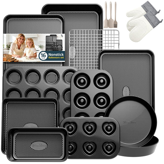 16-Piece Nonstick Bakeware Set with Oven Mitts, Donut Pan, and Heart Pan, Stackable Carbon Steel Baking Pans Set with Kitchen Utensils and Rack, Ceramic Coating, Black