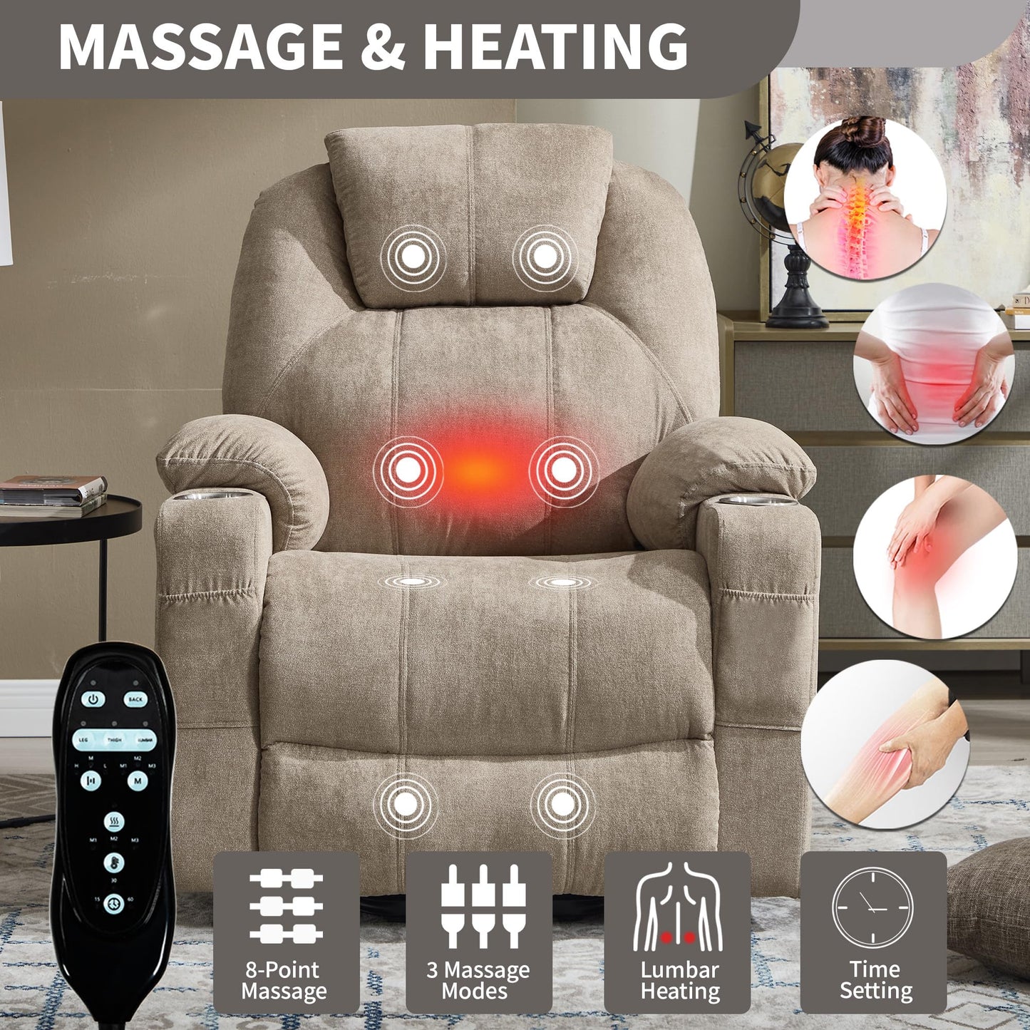KEIKI Power Lift Recliner Chair with Massage and Heat, Electric Lift Assist, 8 Vibration Modes, Lumbar Heat Therapy, for Senior Living Room, Home Theater, Brown Polyester