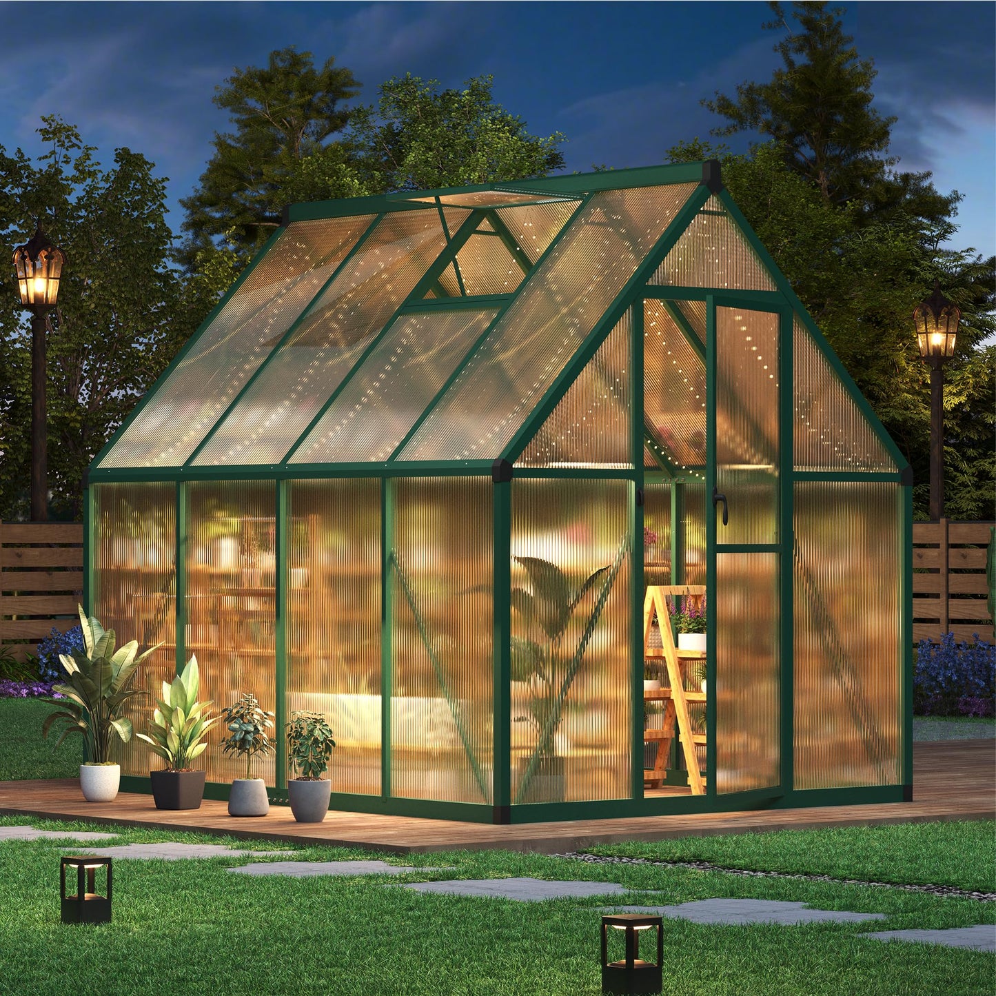 GarveeHome 6×7 FT Outdoor Greenhouse, Large Walk in Greenhouses for Outdoors and Garden Planting, Polycarbonate Green House with Enhanced Aluminum Frame and W/Lockable Push Door, Green