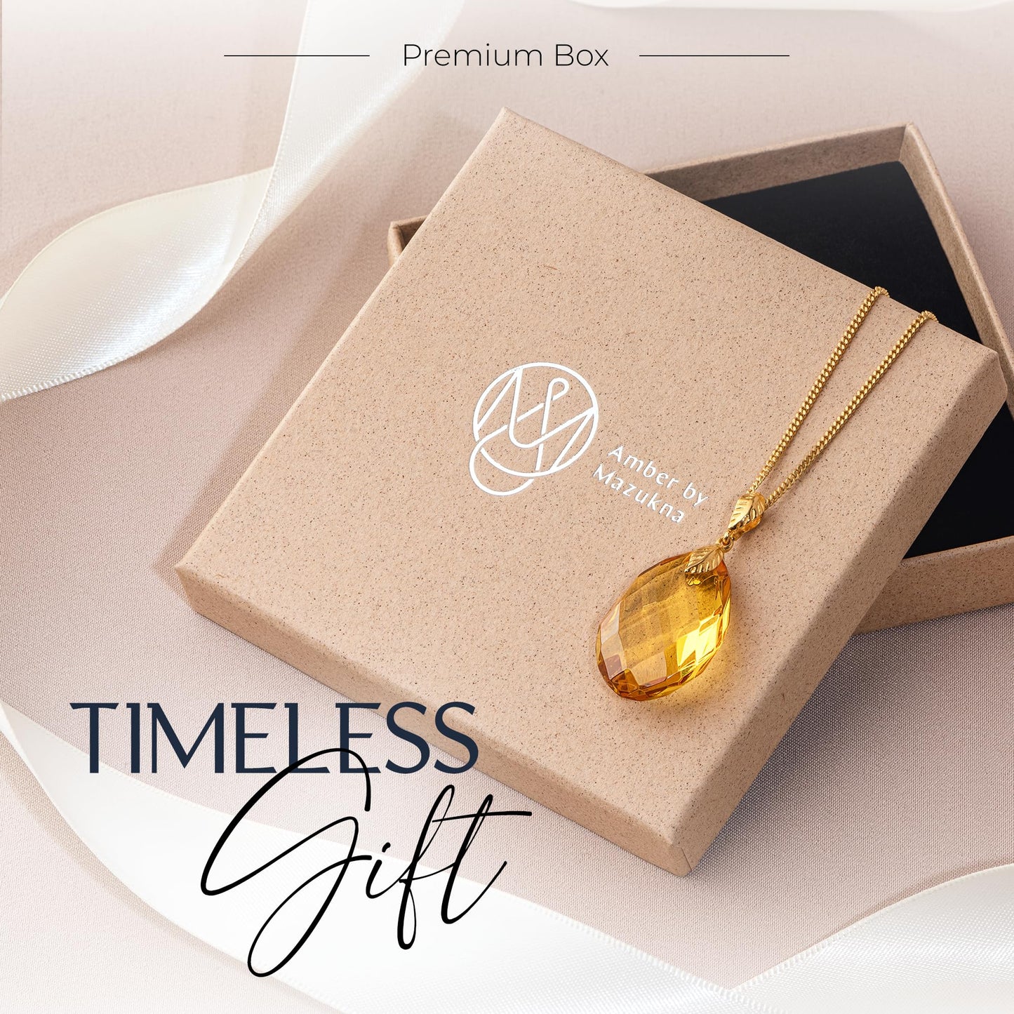 Amber by Mazukna Natural Baltic Amber Pendant for Women, Cognac Drop Necklace with Gold-Plated Sterling Silver Chain, Lightweight 18-inch Jewelry Gift for Everyday Elegance (Amber Polished)