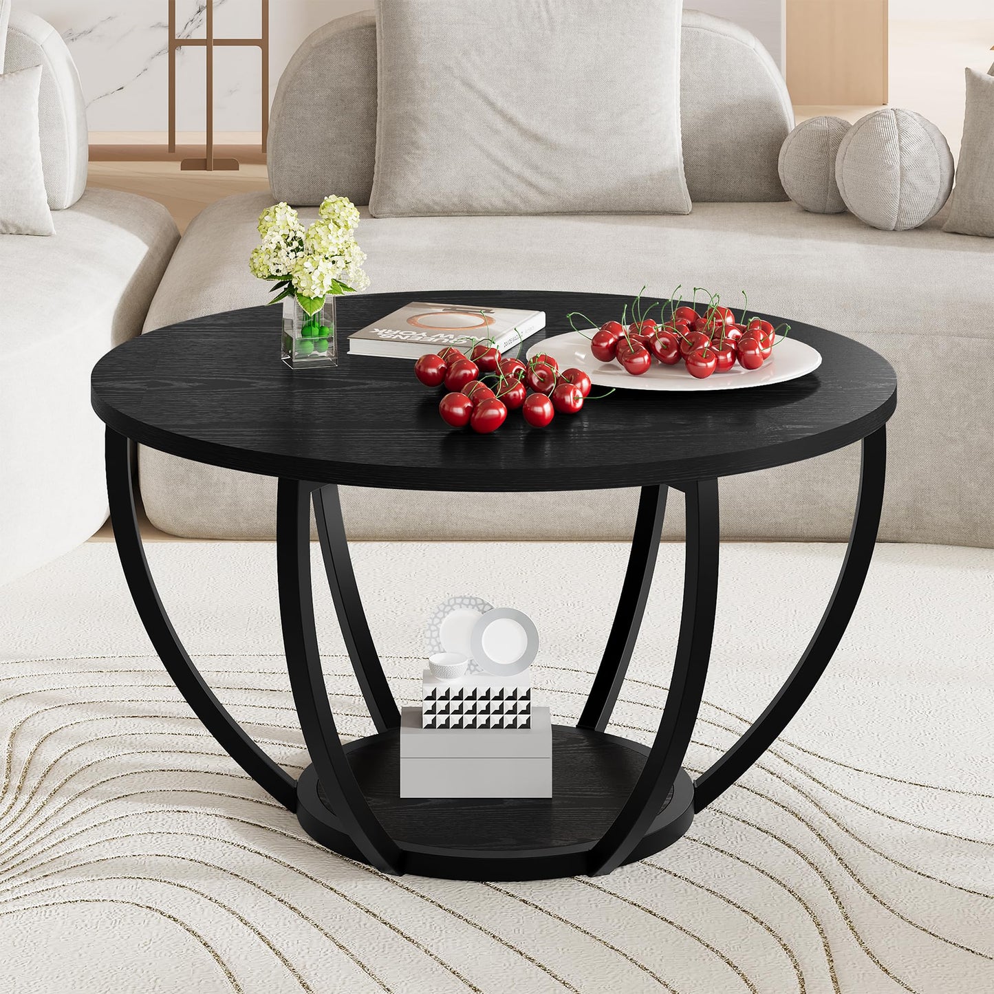HOMERECOMMEND Round Coffee Table,Wooden 2-Tier Circle Coffee Tables with Storage Shelves,Accent Center Table for Living Room, Sofa Table for Home Office, Black