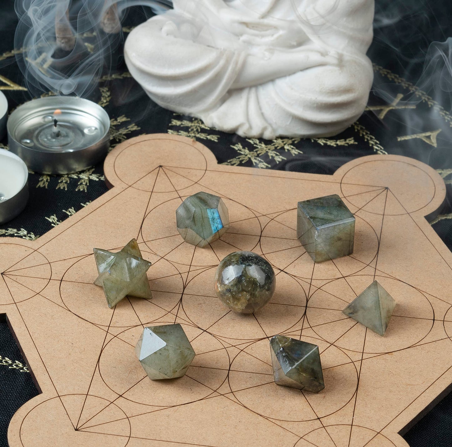 Crocon Labradorite 7Pcs Platonic Solids Crystal Geometry Set, Platonic Solids Sacred Geometric Stones for Meditation Reiki Balancing Healing Chakra Stone Cleansing Spiritual Good Luck (15-20mm)