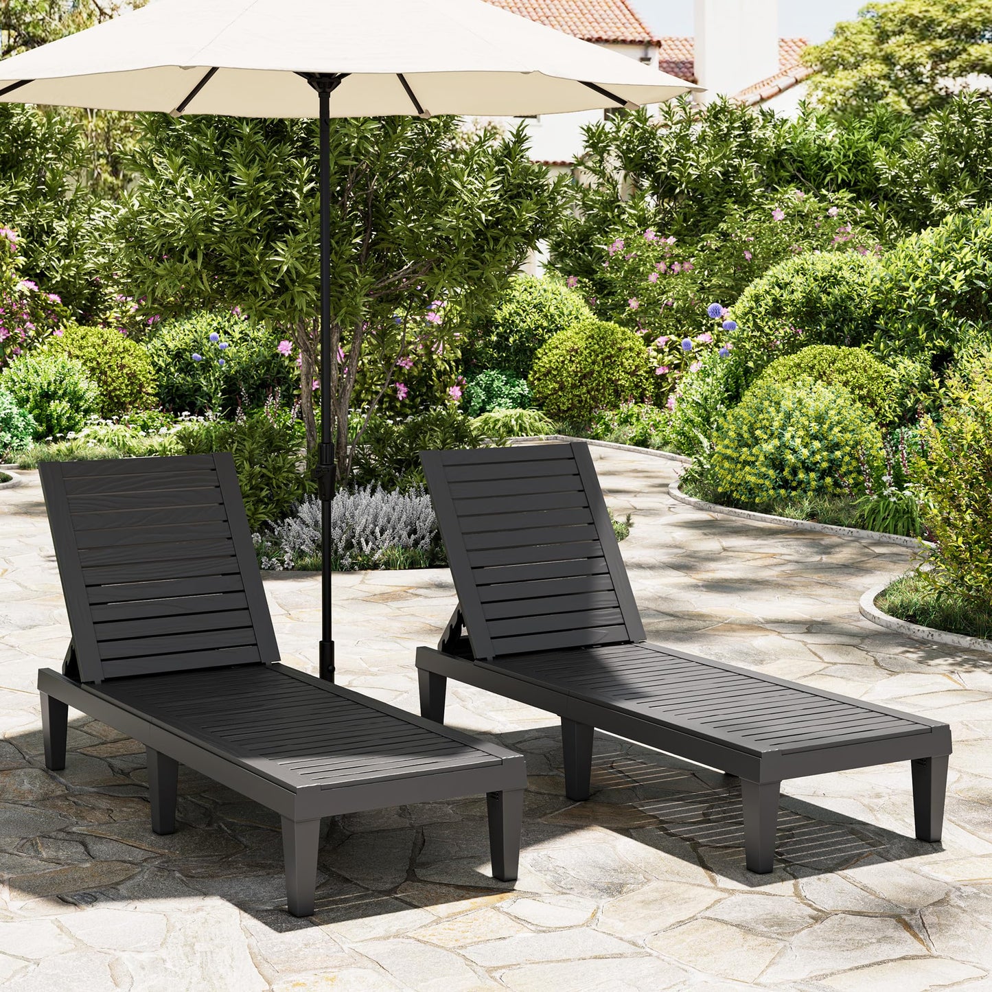 NUNU LAB Outdoor Chaise Lounges Set of 2, 5-Position Adjustable Patio Recliners with All-Weather Resin, Sun Loungers for Deck, Garden, Beach, Pool Sunbathing (Black Wood Grain, Set of 2)