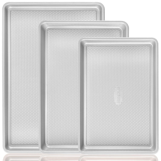 HONGBAKE Baking Sheet Pan Set, Cookie Sheets for Oven, Nonstick Half/Quarter/Jelly Roll Pans with Diamond Texture Pattern, Heavy Duty Cookie Tray, Silver