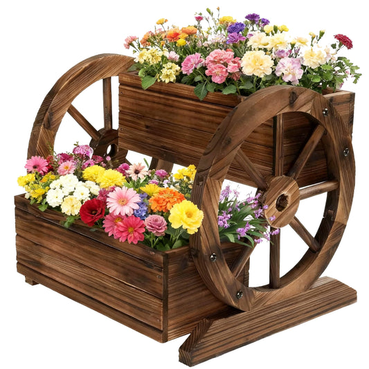 2 Tier Classic Wooden Wagon Planter Box|Outdoor Planter/Flower Pot for Indoor&Outdoor Plants-Rustic Garden Planter for Patio,Porch&Garden Decor- Raised Garden Bed for Succulents,Herbs,Vegetables