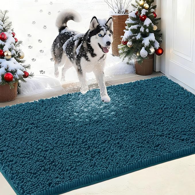IM HOME Chenille Absorbent Outdoor Doormat 48" x 30", Washable Muddy Door Mats for Dog Non Slip Indoor Doormat Dog Mat for Muddy Paw Front Inside Doormats for Entryway Teal Blue