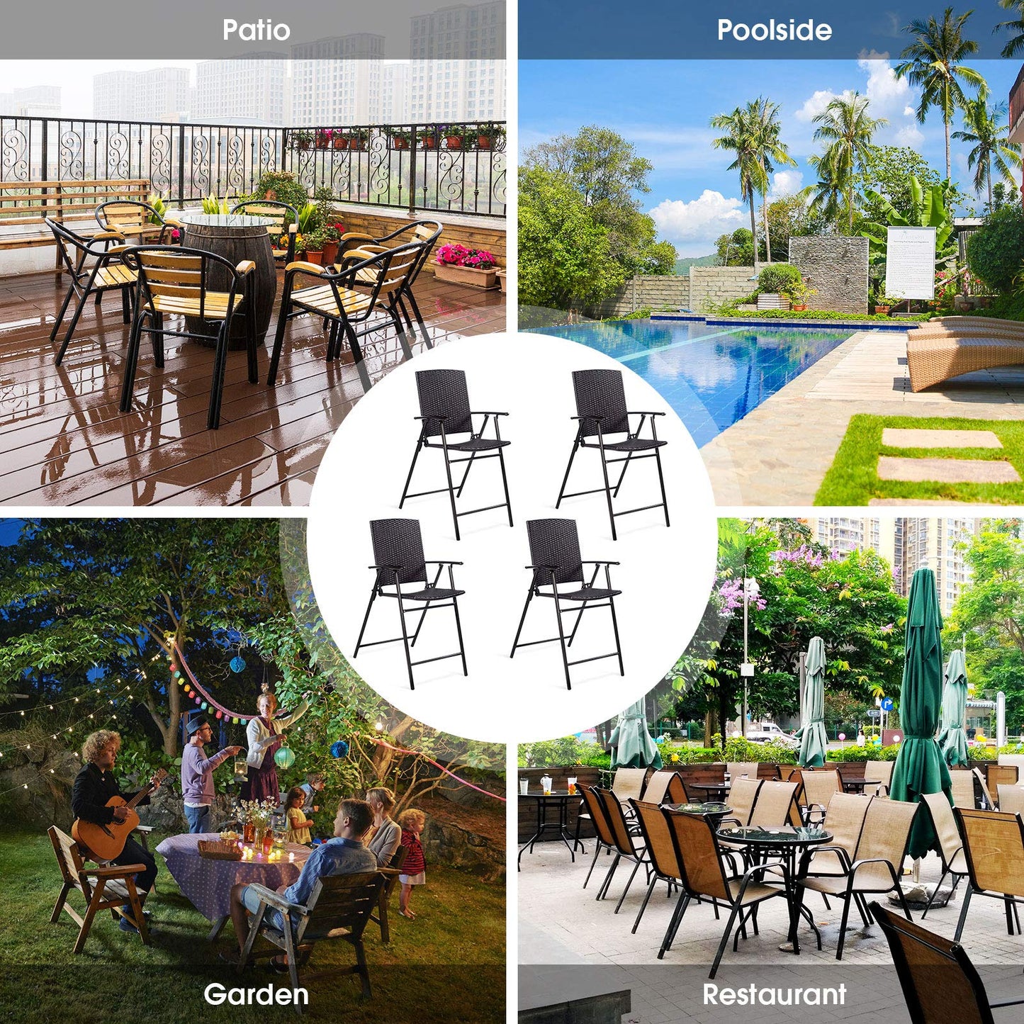 LUARANE Folding 4 Pieces Wicker Rattan Chairs, Tall Bar Stool Set with Back Steel Frame Footrest Armrest, Weather-resistant Comfortable Chairs for Outdoor Indoor Garden Patio Furniture Set, Brown