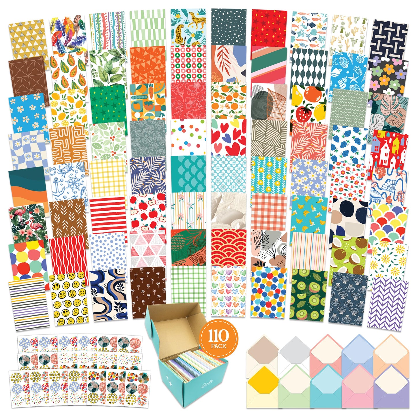 Decorably 110 Pack 4x6in Assorted Blank Cards and Envelopes Bulk with Stickers, 110 Folded Unique Designs for Friends, Family & Loved Ones - Birthday, Kids Party, Anniversary, Gifting, Mailing
