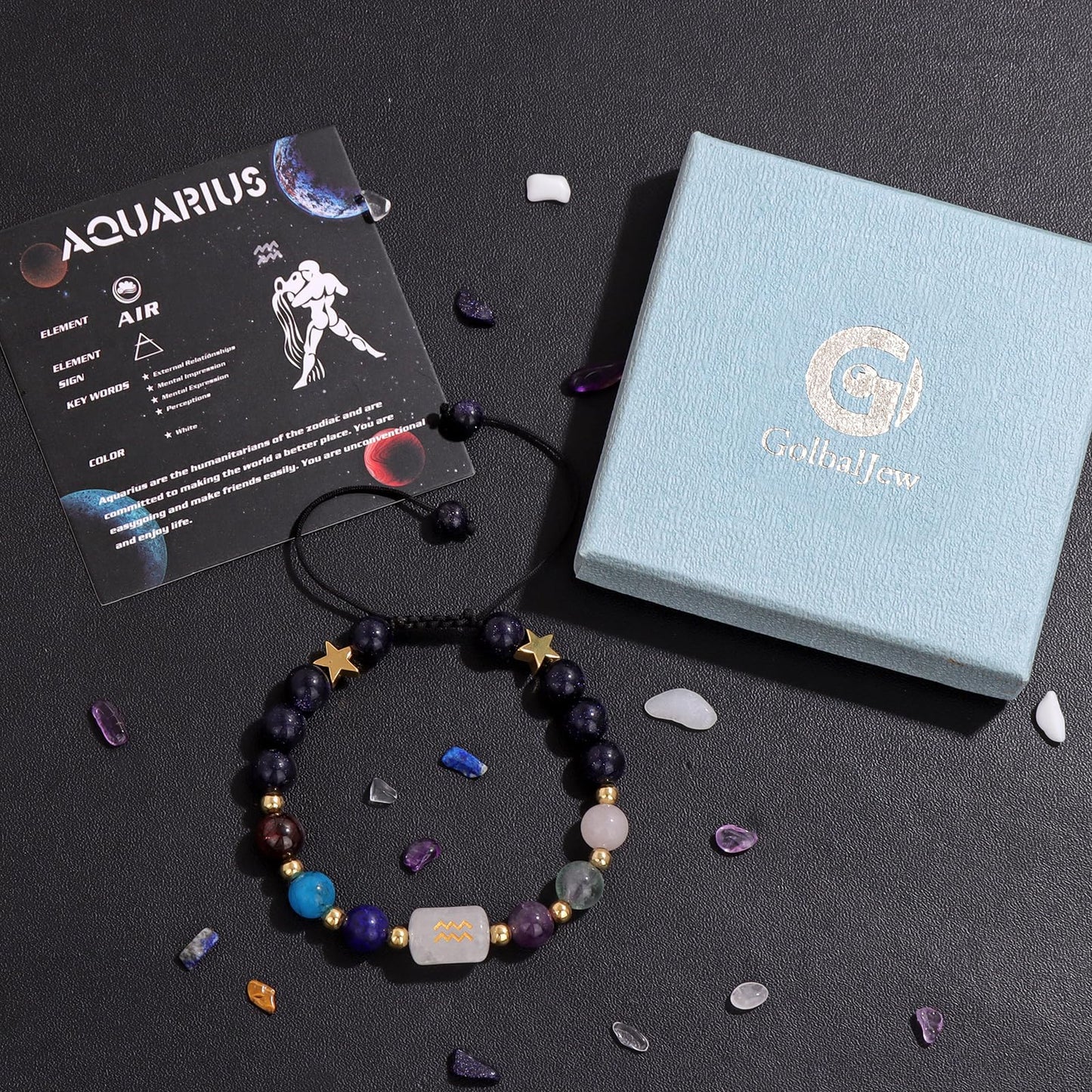 GolbalJew Aquarius Zodiac Bracelets Healing Crystal 12 Constellations Protection Stone Beads Bracelet for Women Birthday Zodiac Gifts Horoscope Spiritual Jewelry