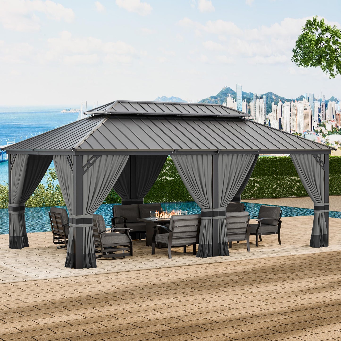 RTDTD 12' x 20' Hardtop Gazebo,Outdoor Aluminum Frame Permanent Pavilion Double Galvanized Steel Roof Pergola with Nettings and Curtains for Patio Lawns Backyard Deck,Grey