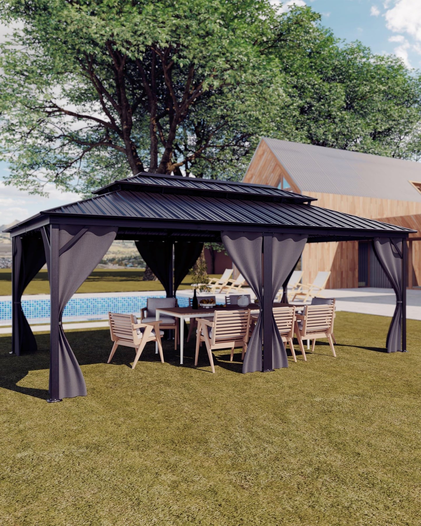 GarveeLife Hardtop Gazebo 12 ft x20 ft for All Weather, with Double Metal Roof, Aluminum Alloy Frame, Net, and Curtain, Permanent Building for Patio, Deck, Backyard, Lawn, and Garden