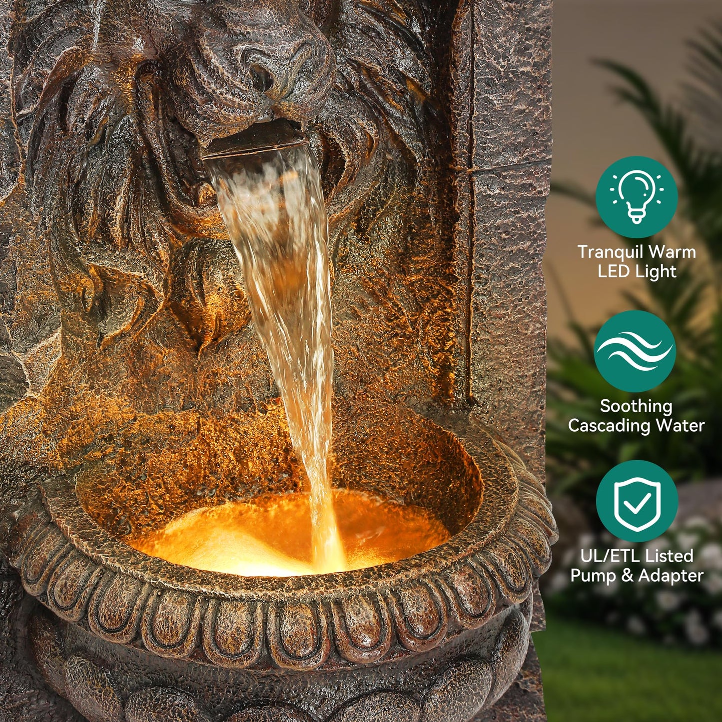 Autodaya 30" Lion Head Outdoor Water Fountain, Rustic Tiered Waterfall Fountain with LED Lights, Weatherproof Resin Freestanding Fountain for Garden, Patio, Yard & Courtyard Decor