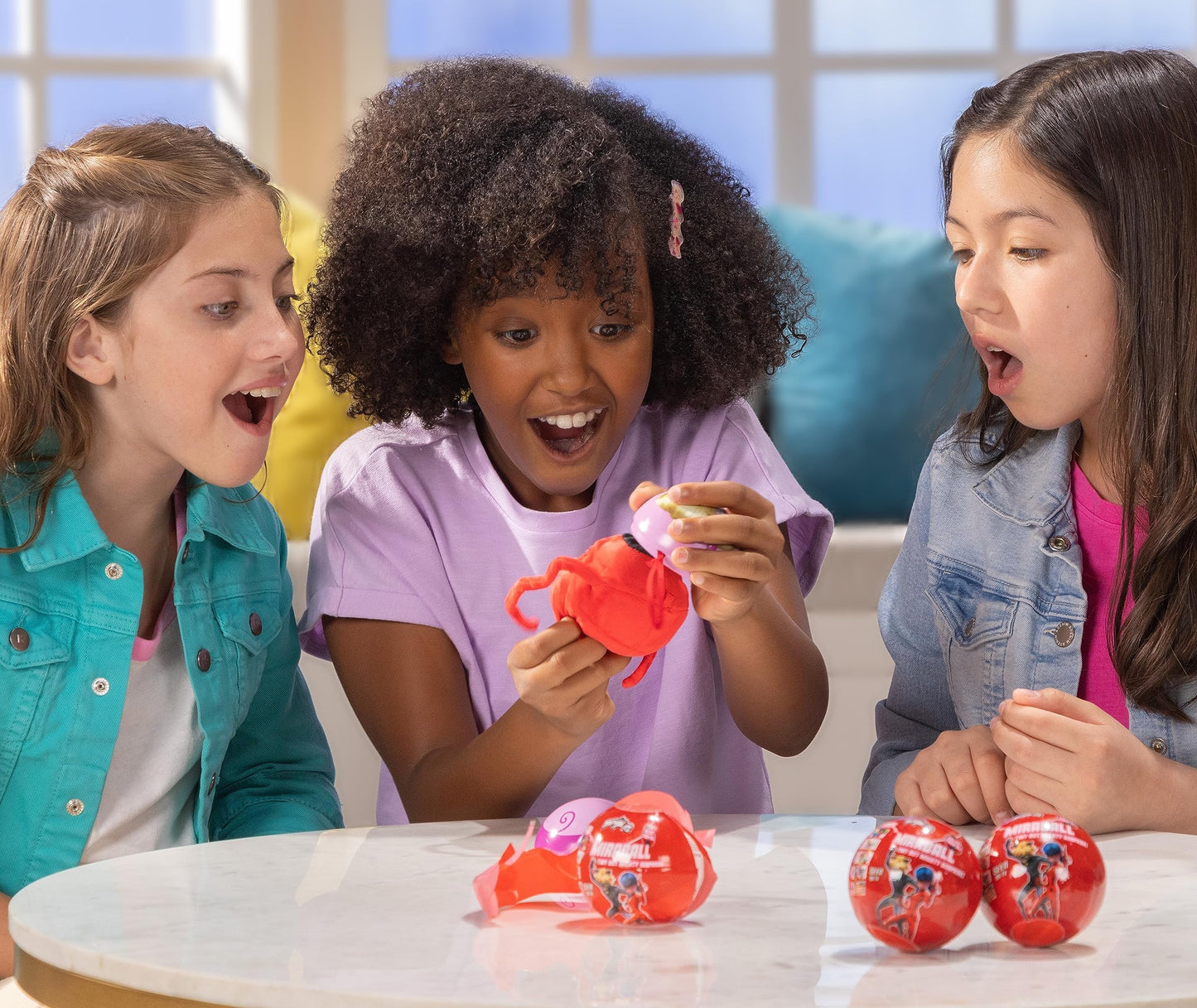 Miraculous Ladybug MiraBall, 3-in-1 Surprise, 4 Pack, Blind Box Toys for Kids - Collectable Characters from TV Shows - Metal Ball, Kwami Plush, Stickers, White Ribbon - Collect Them All