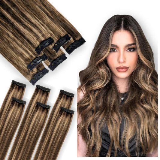 Single Clip In Hair Extensions Real Human Hair, Short Hair Extensions Clip Ins, Remy Balayage Highlight Seamless Hairpieces for Women 6 Pcs 12 Inch 33g Medium Brown Mixed Honey Blonde