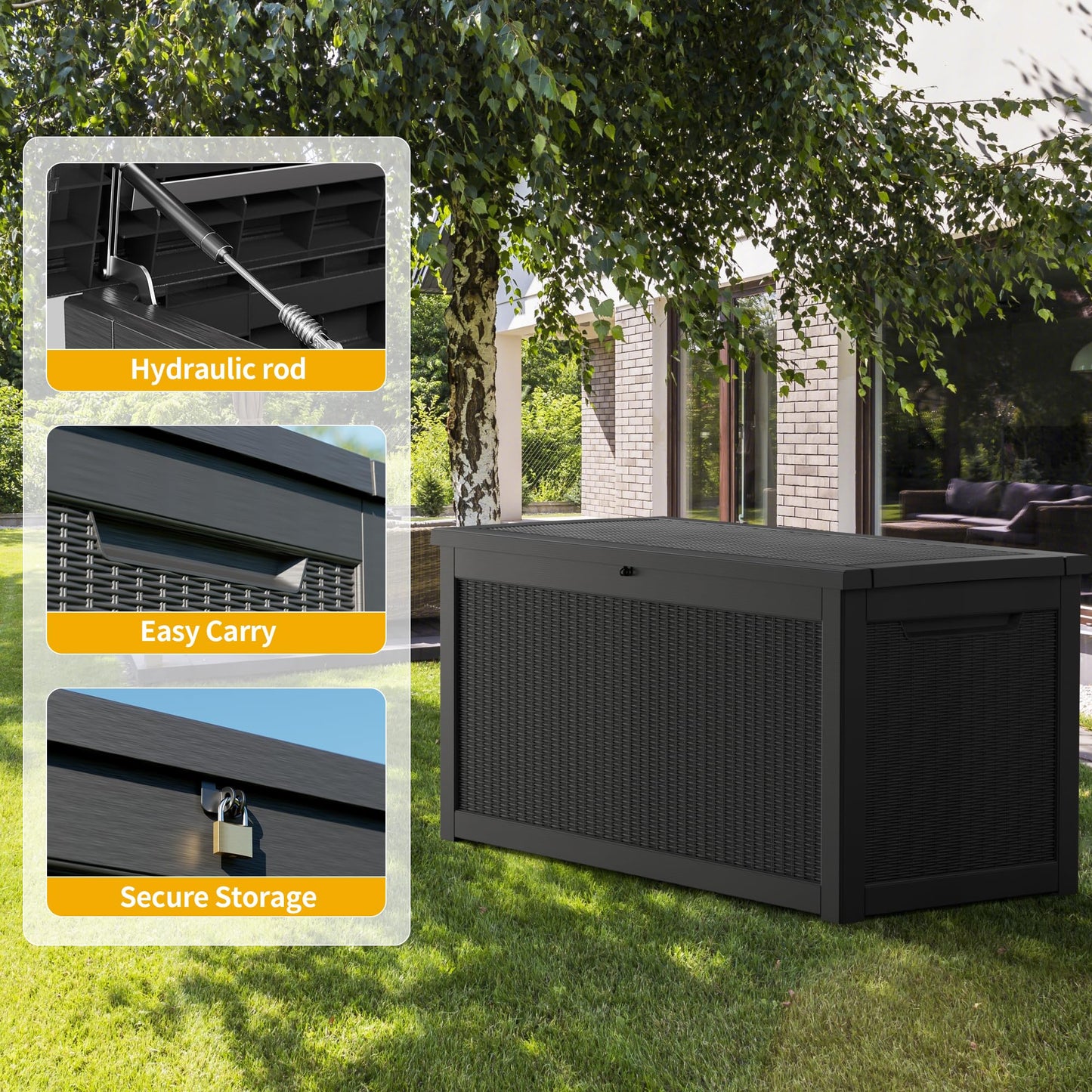 Outdoor Storage Box, 320 Gallon Lockable Resin Deck Box Large Waterproof, Patio Storage Bin for Furniture Cushion, Garden Tools and Pool Accessories, UV-Resistant Bench Cabinet for Outside, Black