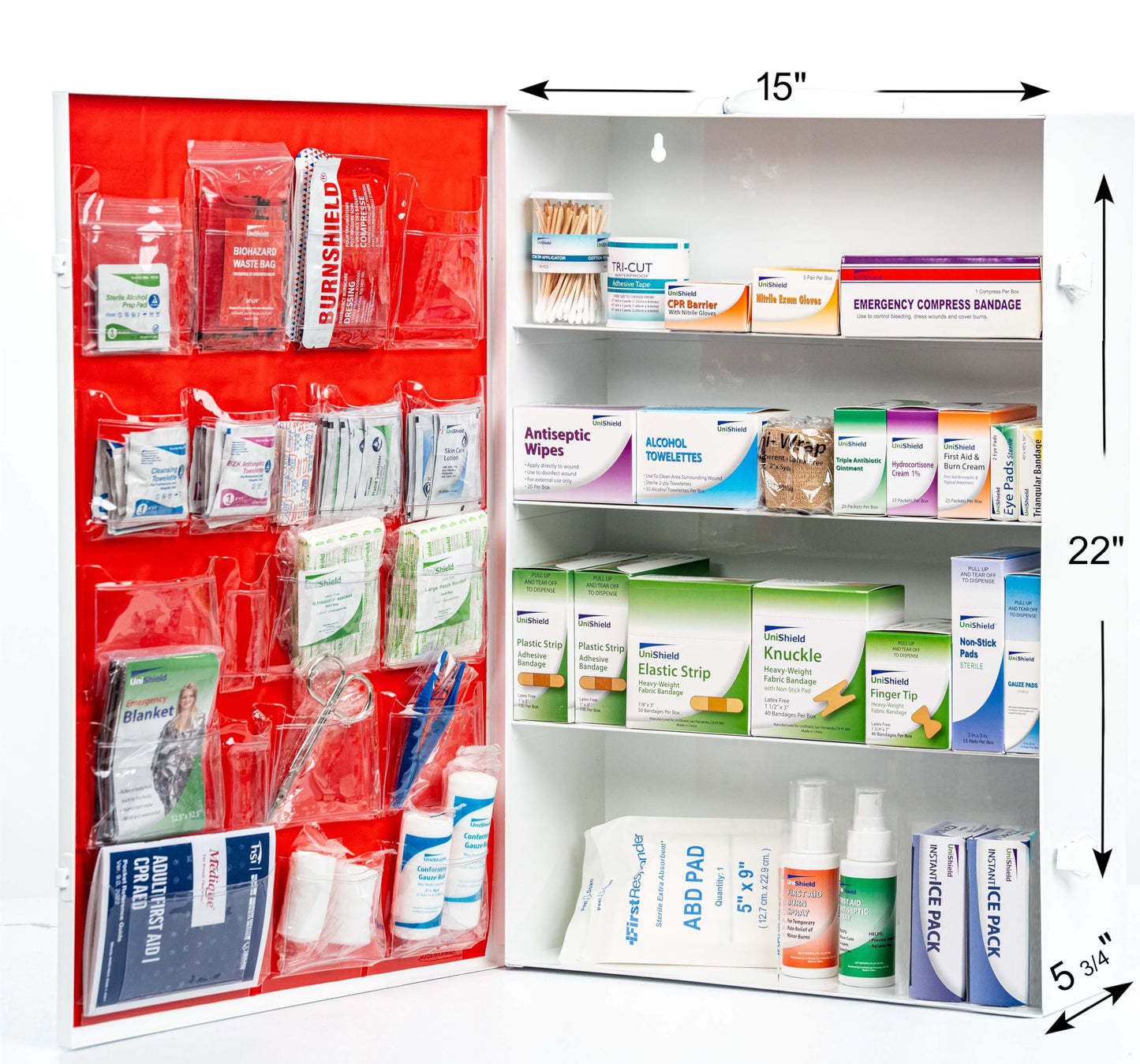 UniShield 4-Shelf Metal 1st Aid Cabinet Class A, Large Capacity First Aid Wall Mount Medicine Cabinet, Secure Metal Med Box with Easy Access, Exceeds OSHA/ANSI Z308.1 2015, Over 775-Pieces