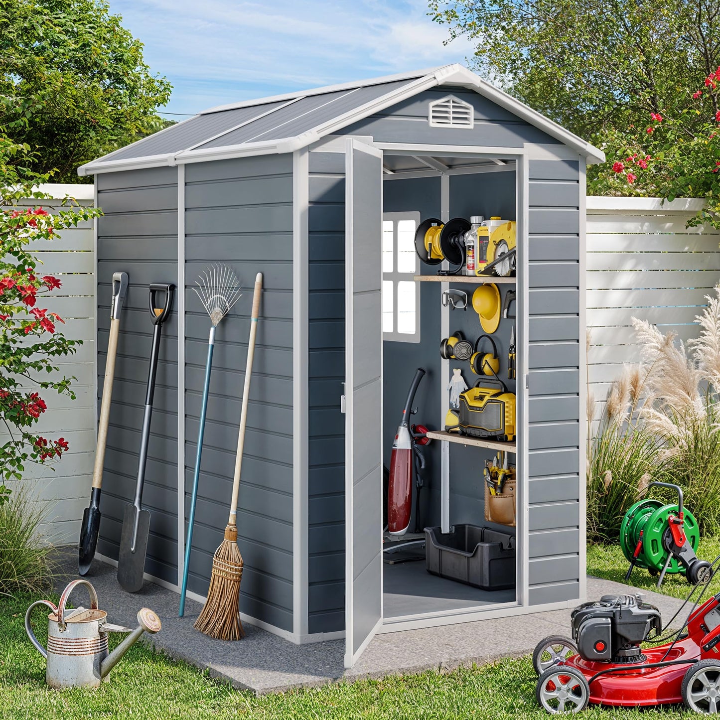 Gizoon 6x4 FT Outdoor Storage Shed with Floor, Resin Garden Tool Shed with Lockable Doors, Window, Vents, Reinforced Steel Frame, Waterproof Plastic Storage Sheds for Backyard, Patio, Lawn
