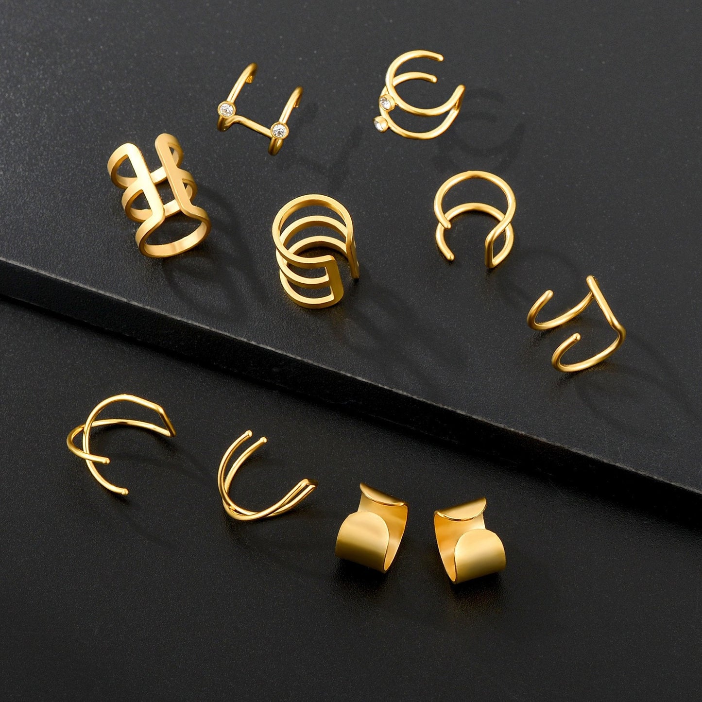 Tornito 4-10 Pairs Stainless Steel Ear Cuff Helix Cartilage Clip On Wrap Earrings Fake Nose Ring Non-Piercing Adjustable (A1:10 Pairs, Gold Tone)