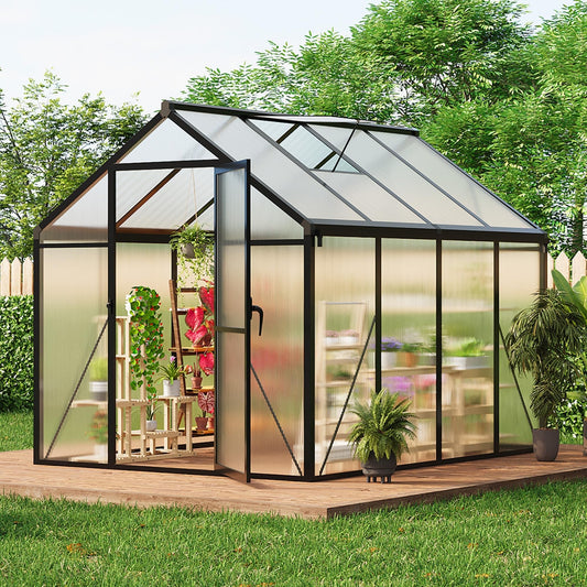 6x8FT Polycarbonate Greenhouse, Walk-in Outdoor Aluminum Frame Greenhouse with Roof Vent, Lockable Push Door for Garden, Backyard, Patio & Lawn