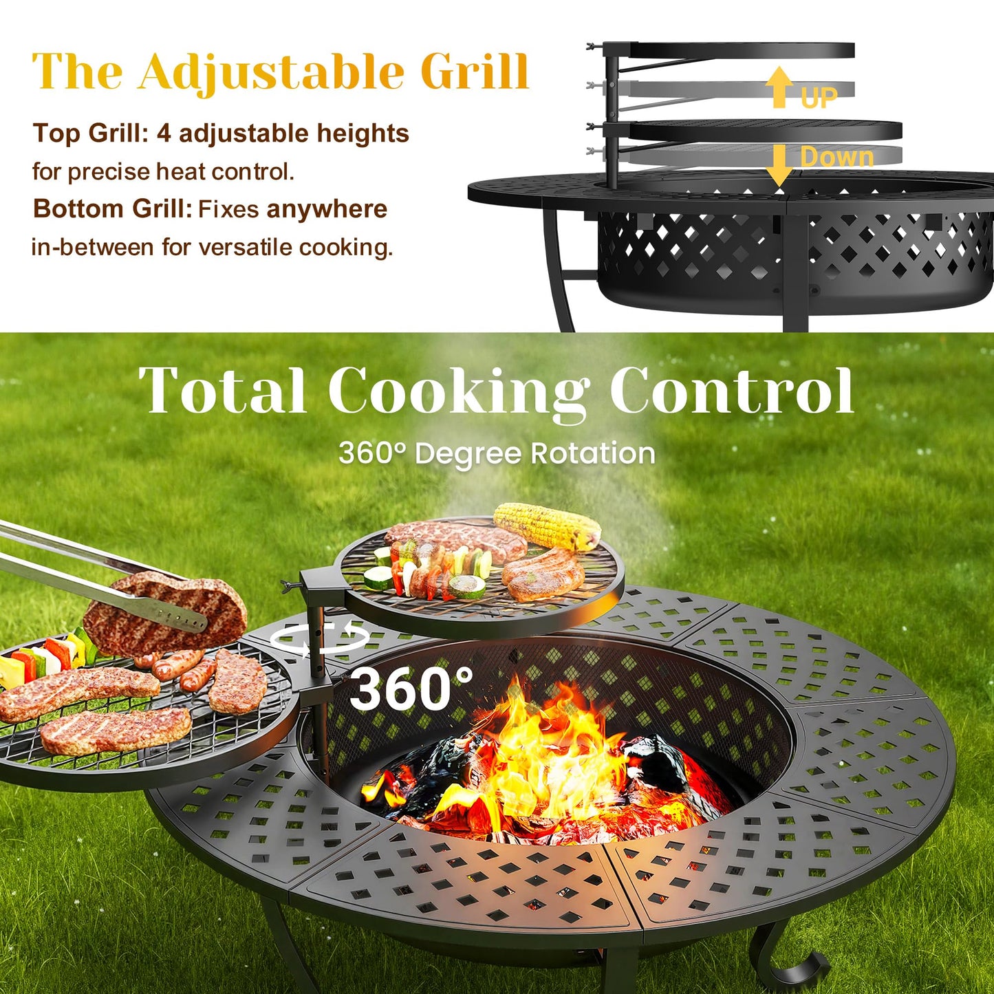 Outdoor Fire Pit, 43" Fire Pit for Outside Wood Burning with Adjustable 2 Grills, Outdoor Fireplace with Lid and Fire Poker, BBQ, Bonfire, Round Firepit 3 in 1 for Patio, Backyard, Garden, Black