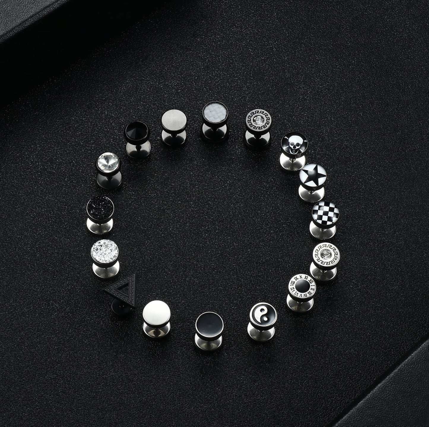 FIBO STEEL 16 Pairs Fake Gauge Earrings for Men Women Stainless Steel Stud Earrings Cheater Fake Ear Plugs Faux Gauges Earrings Ear Tunnel