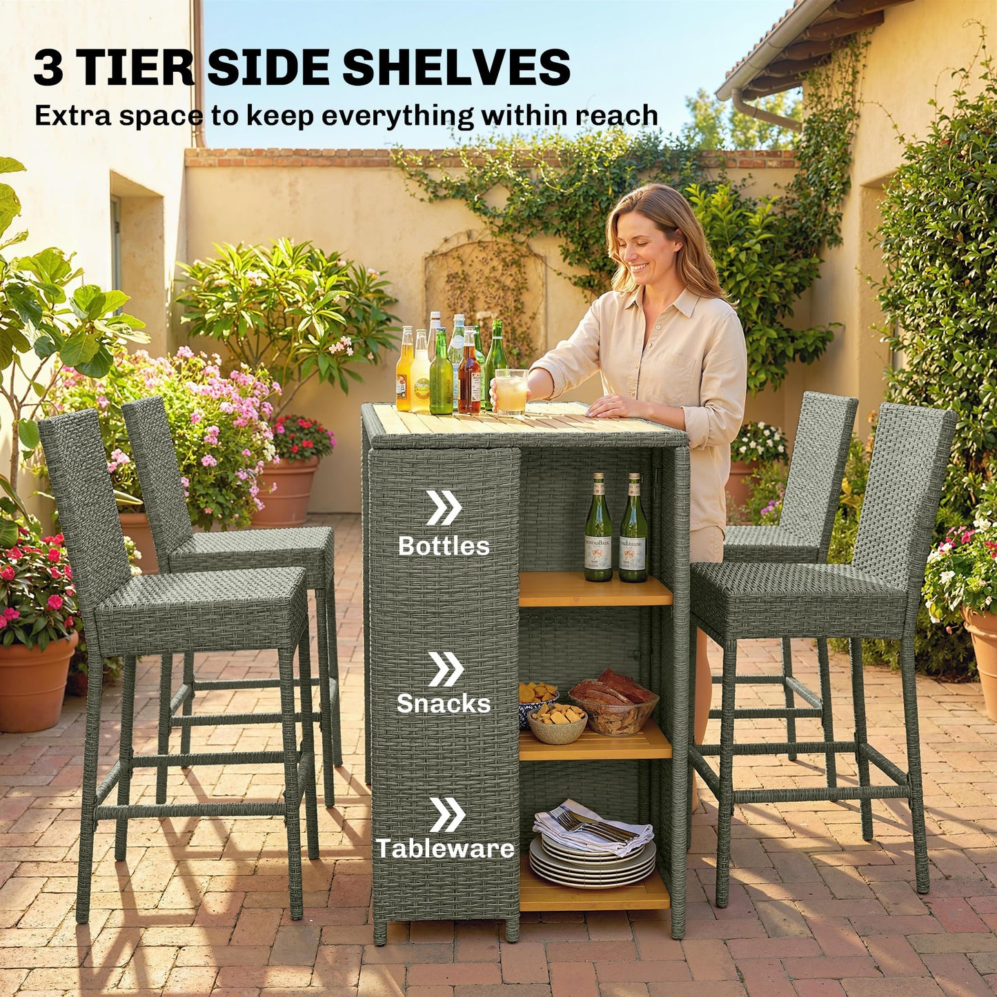 Outsunny 5 Piece Outdoor Bar Set, Wicker Outdoor High Top Table and Chairs, 3 Tier Shelves, Acacia Wood Bar Height Patio Set, 4 Barstools with Cushions, Back, Footrest for Garden, Backyard, Gray
