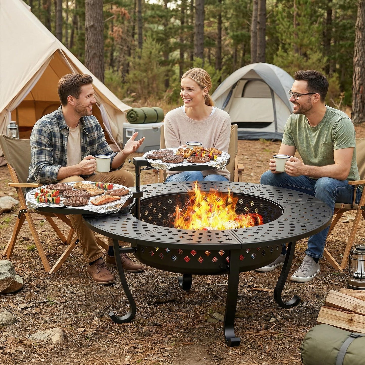 Outdoor Fire Pit, 43" Fire Pit for Outside Wood Burning with Adjustable 2 Grills, Outdoor Fireplace with Lid and Fire Poker, BBQ, Bonfire, Round Firepit 3 in 1 for Patio, Backyard, Garden, Black