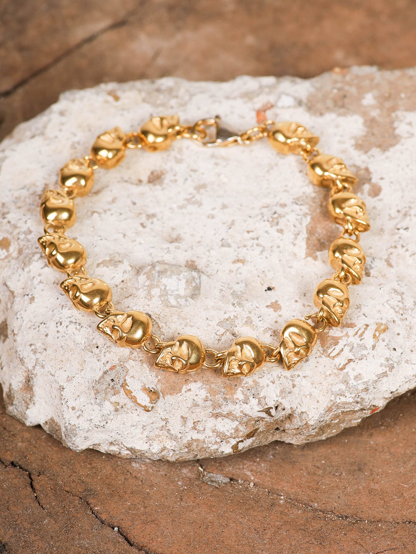 HAQUIL Gold Plated Stainless Steel Skull Bead Linked Bracelet for Men and Women, Skull Jewelry Gift