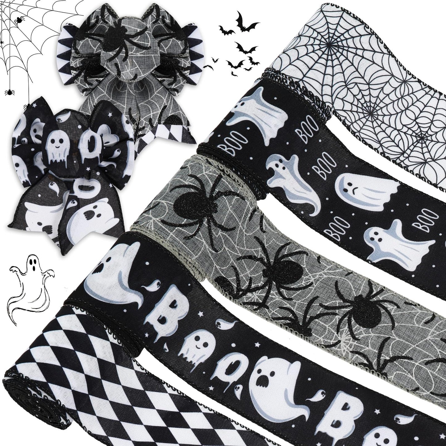 AnyDesign 30 Yards Halloween Wired Edge Ribbon 5 Roll Spooky Boo Ghost Spider Wed Checks Decorative Ribbon Black White Halloween Craft Fabric Ribbon for Wreath Bow Making DIY Gift Wrapping Supplies