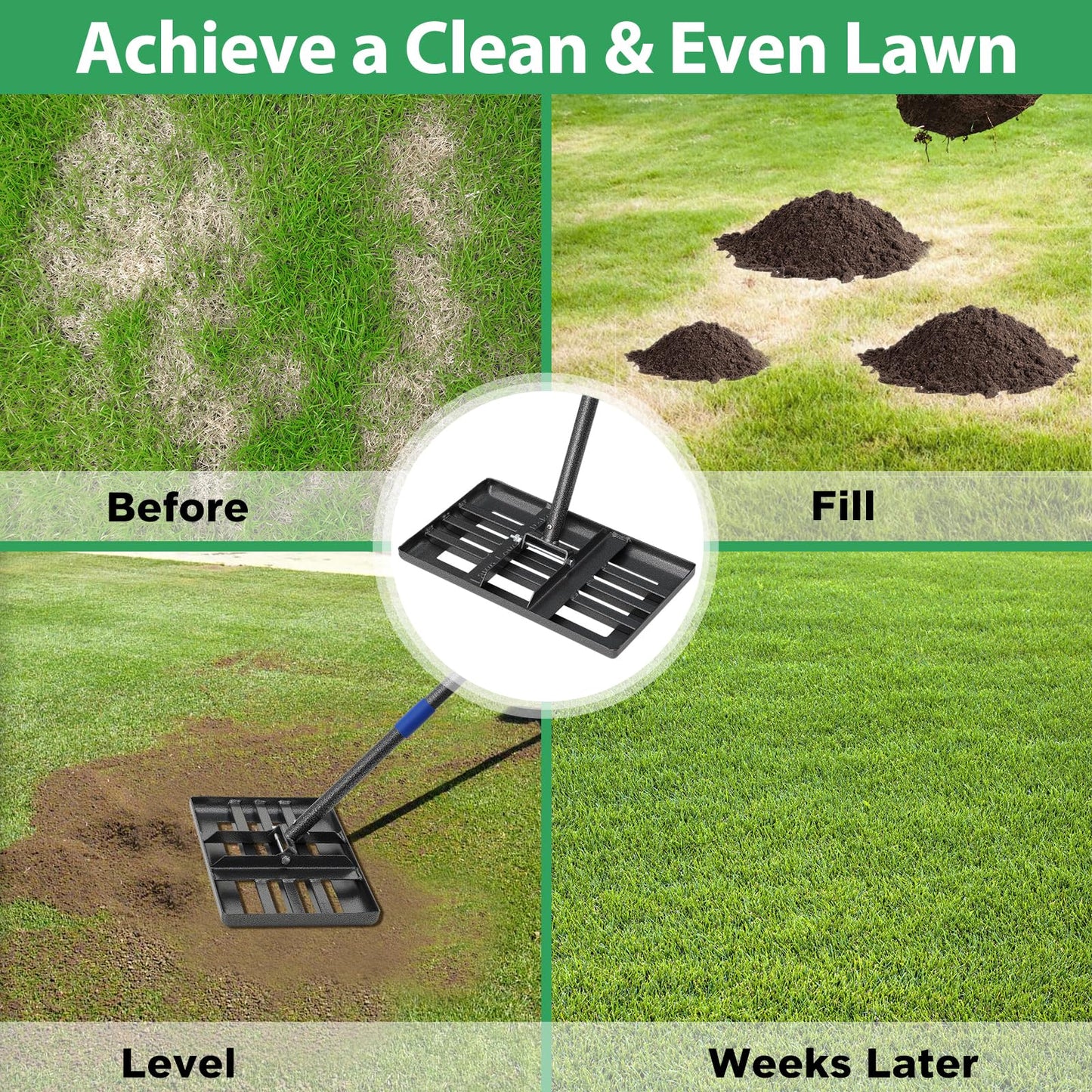 Lawn Leveling Rake, Heavy Duty Lawn Leveler with 17" x 10" Rakes Head Plate No Flipping, Smooth Garss Topsoil Dirt Sand, Metal Ground Leveling Tool with 5 ft Long Handle for Yard Garden Golf Course