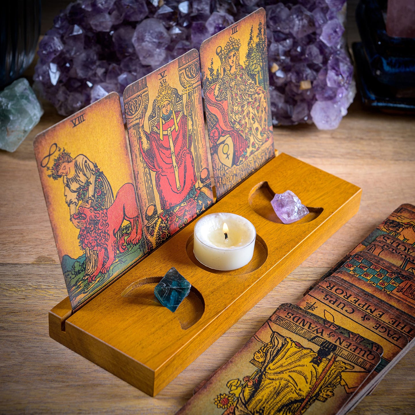 Curawood Tarot Card Holder Stand - Display Your Daily Draw - Witchy Gifts for Women, Tarot Accessories, Wiccan Altar Supplies, Witchcraft Decor, Divination Tools - 3-Card Stand with Etched Moon