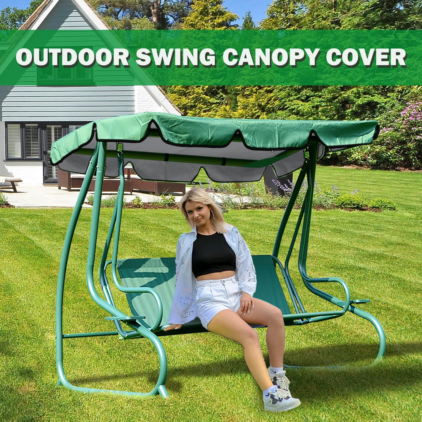Swing Canopy Replacement Cover, Waterproof Sun Shade Porch Swing Canopy Replacement Top for 2-3 Seater Outdoor Garden Yard Patio Swing Cover (Dark Green, 65×45×5.9 Inch)